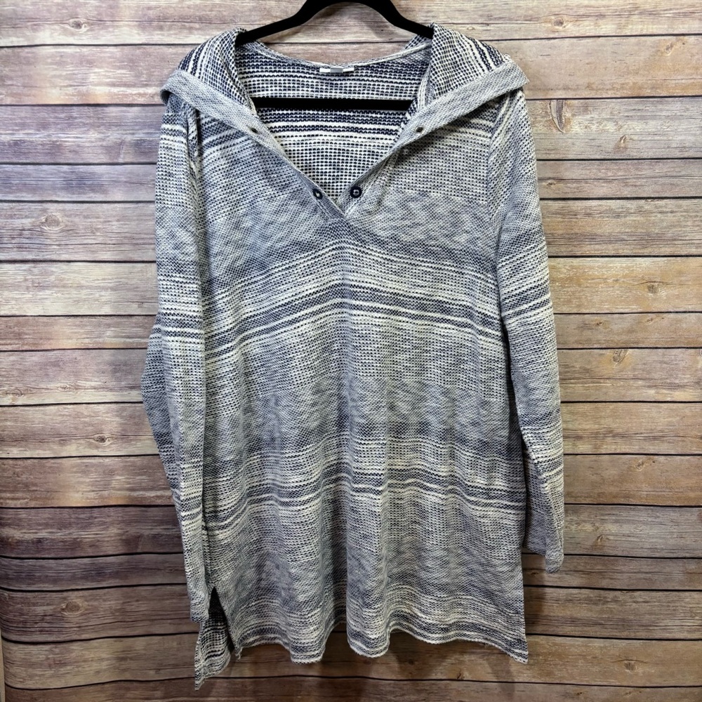 J JILL Fit Blue White Stripe Hooded TOP Knit SHIRT XL Tall